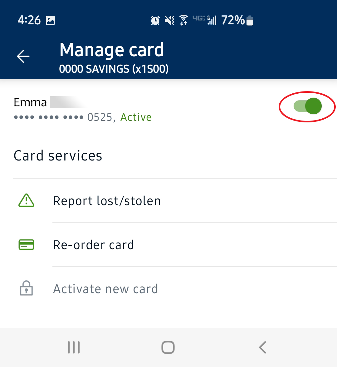 An image of the Manage Card screen